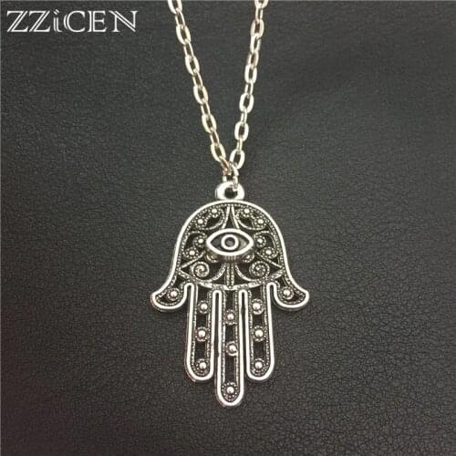 New Good Luck Protection Turkish Hamsa Symbol Fatima Hand Evil Eye Pendant Long 70cm Metal Chain Necklace Women Men Lucky Amulet