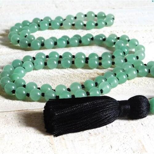 Black Tassel Necklaces Collar Natural Aventurine Hand Knotted Mala Necklace Boho Jewelry Healing Stone Pray Beads 108 Necklace
