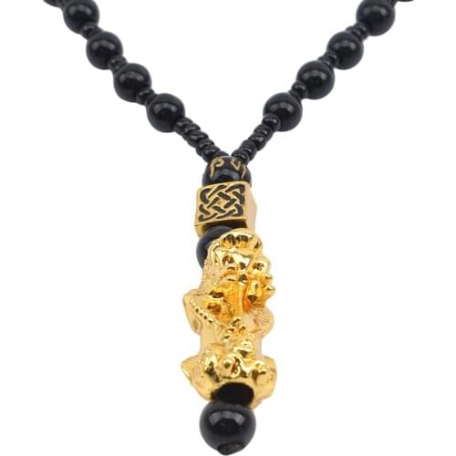 Pixiu Pendant Necklace Symbol Wealth and Good Luck Charm Necklace Chinese Feng Shui Faith Obsidian Stone Beads Necklaces