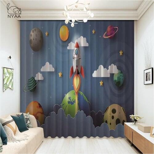 Retro Rocket Launch Stars Bedroom Curtains Pastoral Printed Living Room Curtains French Window ChildrenS Curtain Micro Shading