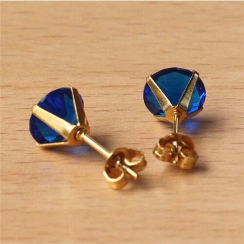 316 L Stainless Steel Gold-color Vacuum Plating With 8mm Round AAA New Royal Blue Zircon Stud Earrings Jewelry 201903011437