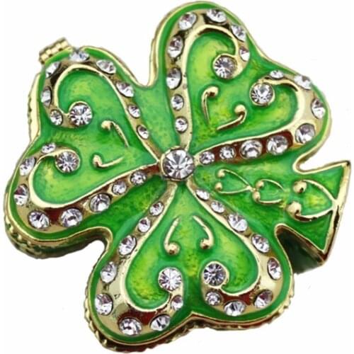 YAFFIL Jewelry Box Green Clover Jewelry Box Crystal Rhinestone Antique Alloy Jewel Case Ring Earring Necklace Box Storage Holder