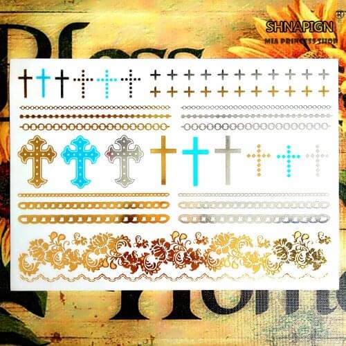 SHNAPIGN 24 style Temporary Body Art, Large golden Blue Cross Designs, Flash Tattoo Sticker Keep 3-5 days Waterproof 21*15cm