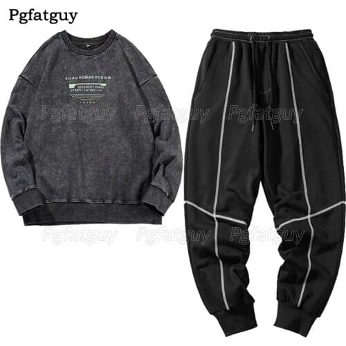 2PCS Sets Tracksuit Men Sweatshirt Sports Suit Casual Letter Print Tops + Sweatpants Jogging Sportswear Plus Size Running Set