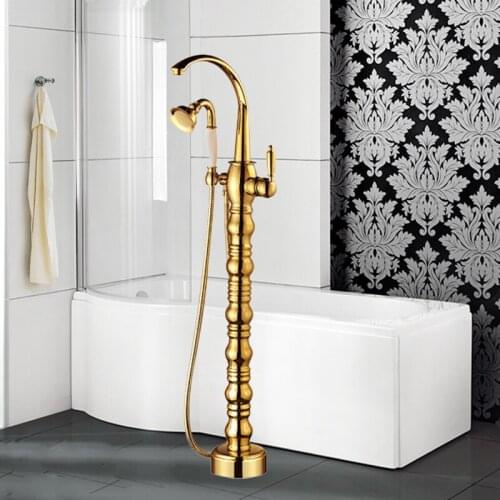 Bathroom floor-to-ceiling rotating bathtub faucet cylinder side pillar copper-gold high washbasin hotel shower hot and cold wate