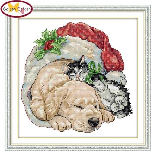 GG Christmas Cat and Dog Cross Stitch Handmade Needlework 11 14ct Print Cross-Stitch Embroidery Kit Cross Stitch for Home Decor