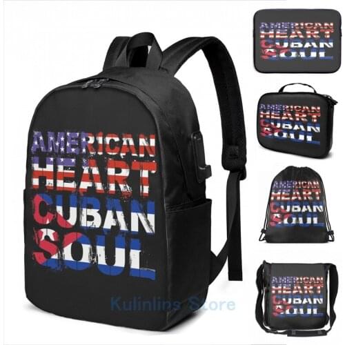 Funny Graphic print American Heart Cuban Soul Gift USB Charge Backpack men School bags Women bag Travel laptop bag