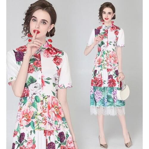 Summer Short Sleeve Stand Rose Hydrangea Flower Printed Splicing Lace Bohemia Vestidos Fashion Holiday Beach Shirt Dress B58278