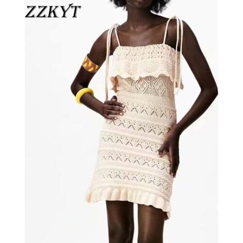 ZZKYT 2021 Women Summer Vintage Solid Knitted Mini Dress Sweet Slim Sleeveless Backless Bow Tied Straps Party Female Dresses