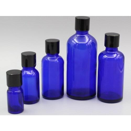 2/10pcs 5ml 10ml 15ml 20ml 30ml 50ml 100ml Blue Glass Essential Oil Bottles with black aluminum cap Makeup Refillable Container