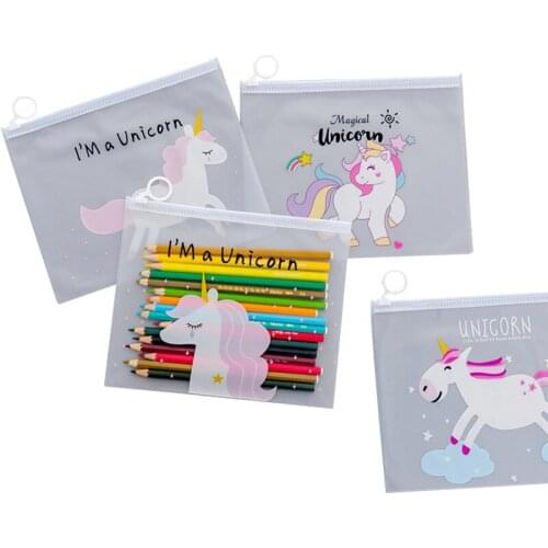 200pcs Cartoon Unicorn Pink Leopard Transparent PVC Document Bag File Folder Stationery Organizer Pink & White