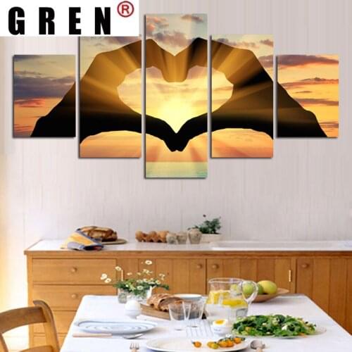 5 Panels Modular Sunrise finger Heart Modern Realist Wall Art Poster Living Room Print Canvas HD Painting Pictures Home Decor