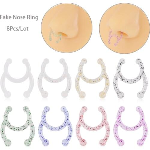 8Pcs Fake Nose Piercing Septum Hoop Rings Acrylic Glitter U Shape Flexible Bioflex Fake Piercing Nose Piercings Body Jewelry