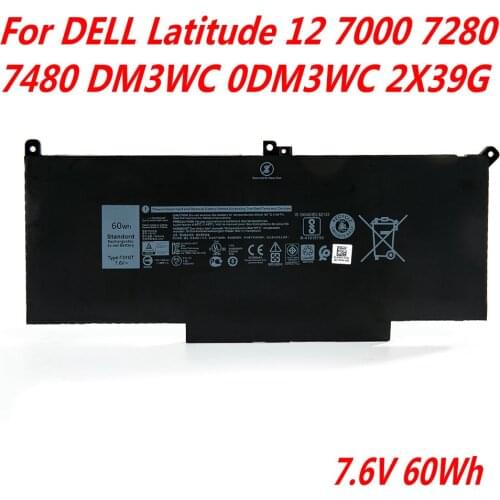 High Quality 7.6V 60WH F3YGT Laptop Battery For DELL Latitude 12 7000 7280 7480 DM3WC 0DM3WC 2X39G