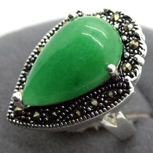 Free shipping wholesale Natural Green Drop Gems 925 Sterling Silver Marcasite Ring Size 7/8/9/10 5.29