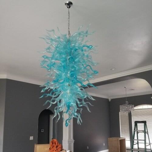 Big Size Hotel Lobby LED Light Source Blue Hand Blown Glass Chandelier Light