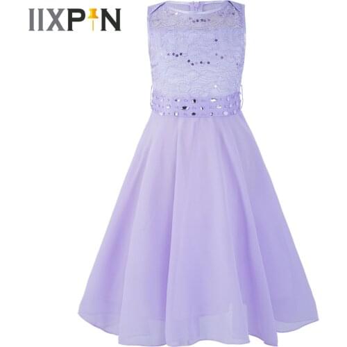 Kids Sequined Lace Chiffon Sleeveless Princess Girl Dress Childrens Dancewear Pageant Wedding Costume Birthday Party Dress