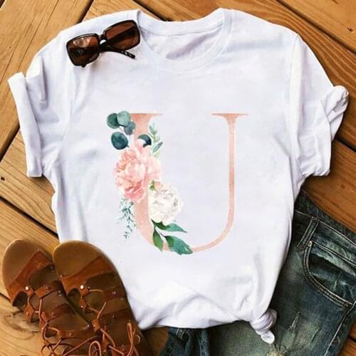 FIXSYS Pink 26 Letters Flower Print Sweet WomenT-shirts Summer New Fashion Casual Female Short Sleeve Cotton T-shirt