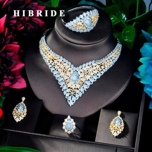 HIBRIDE Big Famous Luxury Jewelry Cubic Zircon 4 pcs Wedding Bridal Jewelry Set Copper Dubai Jewelry For Ladies N-858