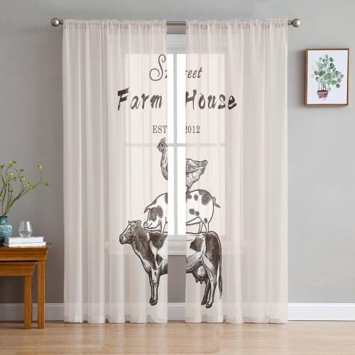 American Country Style Farm Cow Pig Chicken Voile Tulle Sheer Curtains for Bedroom Living Room Kitchen Decor Window Curtain