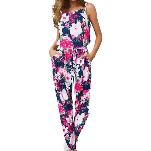 Boho Floral Printed Jumpsuits Women O-neck Sleeveless Playsuit Pocket Vintage Long Jumpsuit Straight Leg Pants Комбинезон