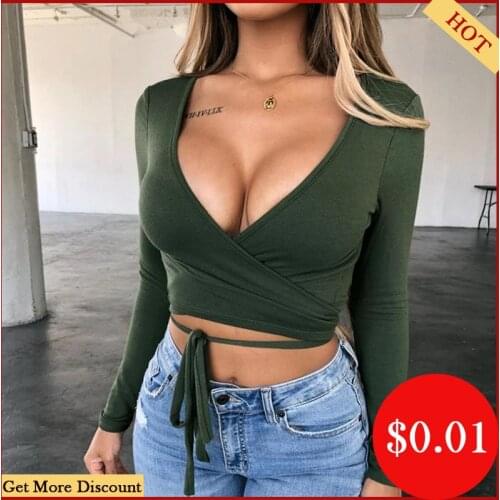 NEW Womens Fashion Wrap Crop Top Sexy Deep V-Neck Spring Autumn Bandage Long Sleeve Basic Tee Shirt Casual Strappy Top Clothing
