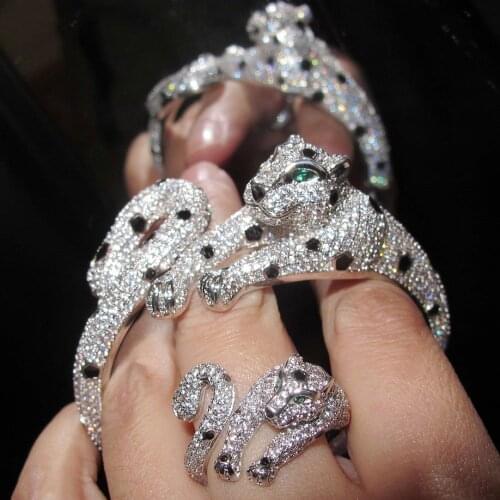 Leopard Cuff bangle with Ring Cubic Zirconia Stone Animal Panther bracelet for Women 2020 Fashion Party jewelry set