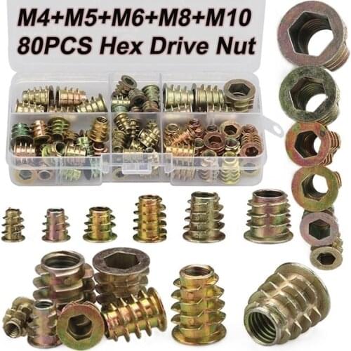 80pcs Assortment Kit M4/M5/M6/M8/M10 Zinc Alloy Insert Nuts Hex Drive Head Nut nut and bolt metic nut and bolt assortment