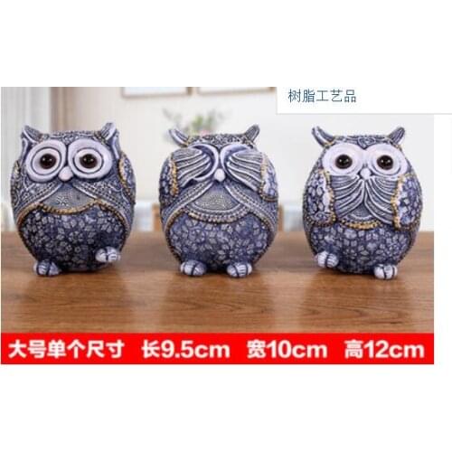 Three-piece set, three blue owl animals small decoration lovely home High-end luxury Animal Sculpture statue