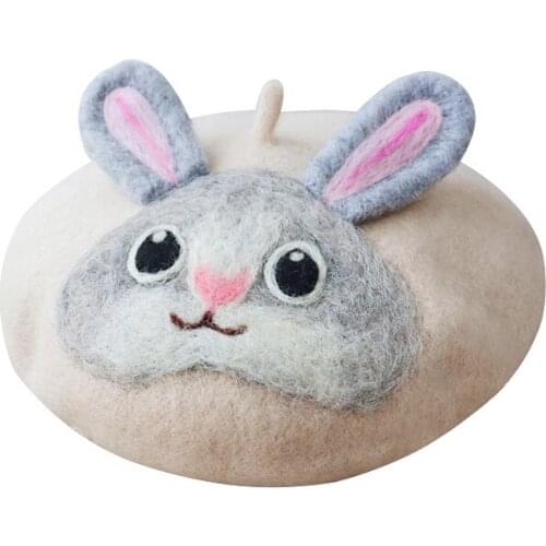 2021 new womens hat handmade wool felt rabbit beret hat autumn and winter warm elf bunny cute painter hat creative gift