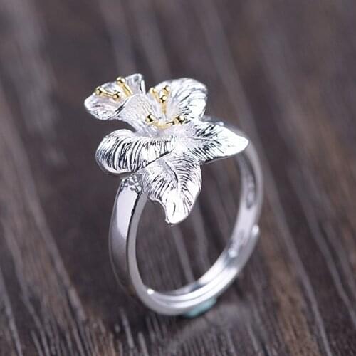 BOCAI New real S925 pure silver gold-plated literary female finger ring fashionable and fresh flower opening woman ring