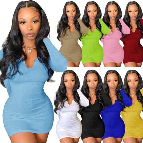 New Arrivals Women Bodycon Dress 2021 Solid Long Sleeves Deep V-Neck Mini Skinny Slimming Waist Dresses 9 Colors Nightclub Wear