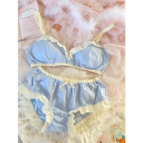 Retro pure cotton bras and underpants wirefree padded solid trangle cup ruffle comfortable push up sexy panty and bra set