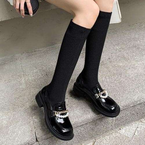 Womens Leather High Boots Autumn Winter Newest Thick Heels Shoes Woman Heels 2021 Fashion Party Basic Knee High Boots