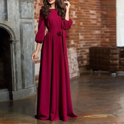 Spring Round Neck Solid Color Long Dress 2021 New Bohemian Elegant Retro Lantern Sleeve Three-season Sleeve Casual Dress Dress