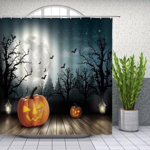 Halloween Shower Curtains Orange Pumpkin Lantern Forest Night View Full Moon Holiday Themed Bathroom Decor Bathtub Curtain Set