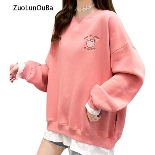 ZuoLunOuBa Winter Women Hoody Embroidery Fruit Peach Sweatshirt Plus Velvet Long Sleeve Pullover Pink Sweet Coat