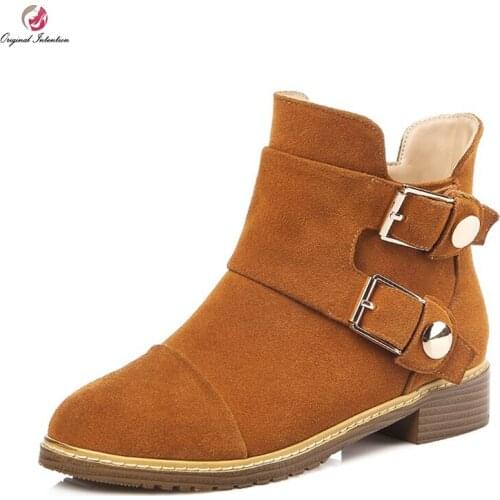 Original Intention High-quality Women Ankle Boots Round Toe Square Heels Boots Nubuck/ Soft Leather Shoes Woman US Size 4-13