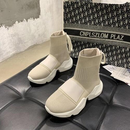 2021 Autumn High Top Sock Sneakers Women Thick Sole Platform Casual Shoes Ladies Knitting Slip On Sock Boots New Fashion