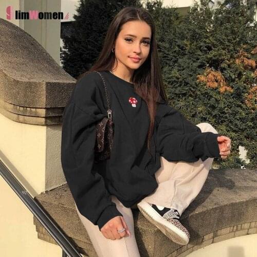Women Winter Fleece O-Neck Long Sleeved Sweatshirt Sudaderas Tops Casual Mushroom Embroidery Oversize Harajuku Brown Pullover