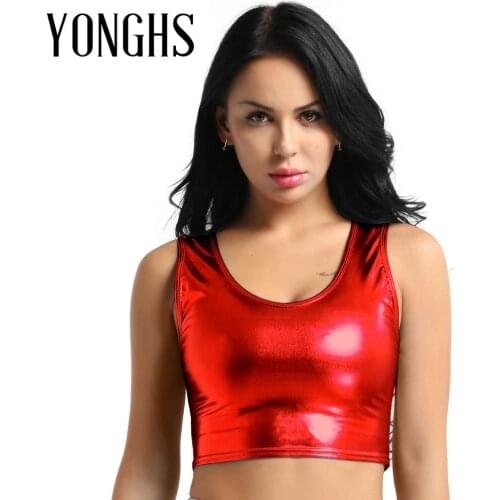 Womens Pole Dance Rave Crop Top Fashion Scoop Neck Tank Crop Top Vest Bustier Blouse Shirt Shiny Metallic Street Rave Clothes