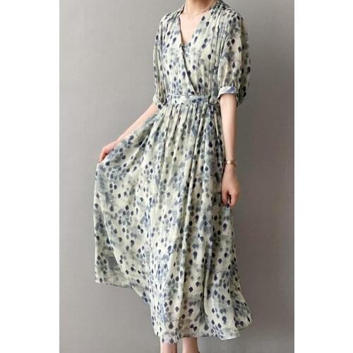 2021 Summer Women Short-sleeved Chiffon Dress V-neck High Waist Geometric Print Beach Midi Dresses Sexy Vestidos