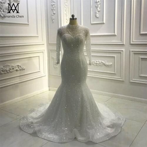 Robe mariage femme High Neck Long Sleeve Crystal Pearls Mermaid Glitter Wedding Dress