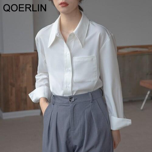 QOERLIN Pocket White Button Up Shirt Elegant Women Blouses Turn-Down Collared Shirt Plus Size OL Formal School Girl Blouse Femme