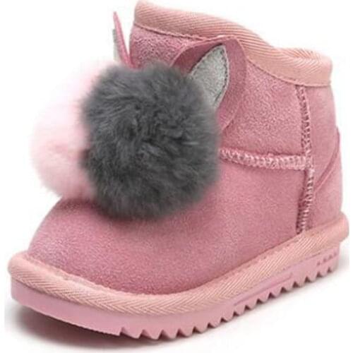 Genuine Leather Baby Snow Boots Girls Plus Velvet Thick Winter Boots Rex Rabbit Fur ball Decoration Children Boots