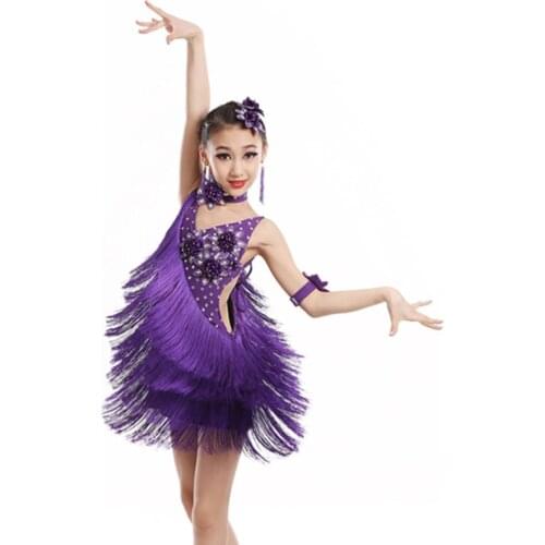 Child kid children professional latin dance dress for girls ballroom dancing dresses for kids red sequin fringe salsa tassel