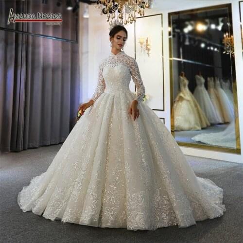 Elegant full lace high neckline muslim wedding dress 2020 luxury bridal dress real work