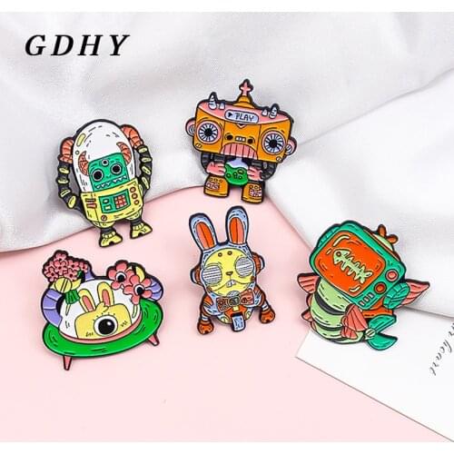 GDHY Robot Aliens Animal Enamel Pins Rabbit Fish Fishbone Cattle Tv Radio Monster Brooches Monster UFO Series Jewelry for Kids