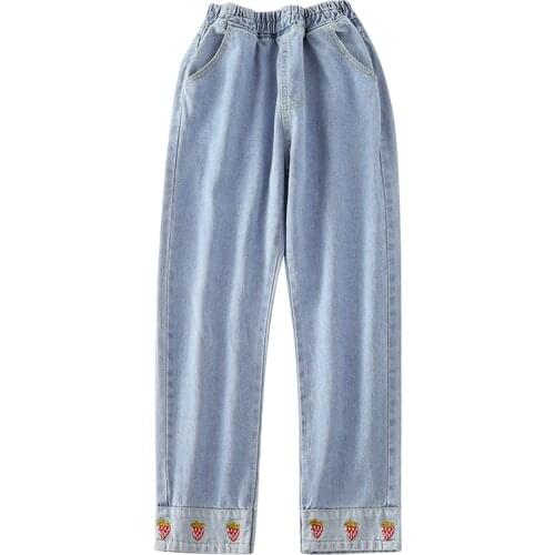 G1449 2020 new spring autumn women fashion Wide-leg jeans strawberry embroidery casual nine-minute jeans cheap wholesale