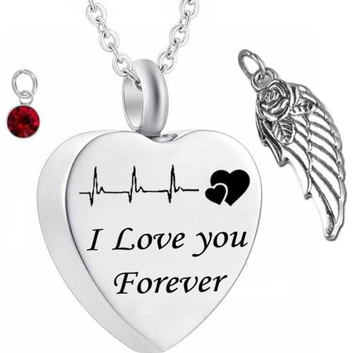 I love forever Birthstone crystal Memorial Necklace for Ashes Cremation Necklace Electrocardiogram Memorial angel wing Pendant